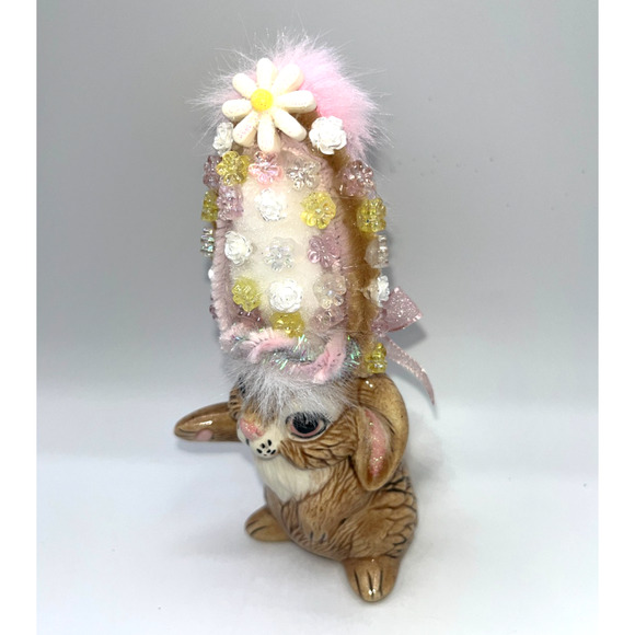 Vintage Ceramic Dancing Easter Bunny With Poof Faux Fur Flower Hat Deb O. OOAK - Picture 16 of 16